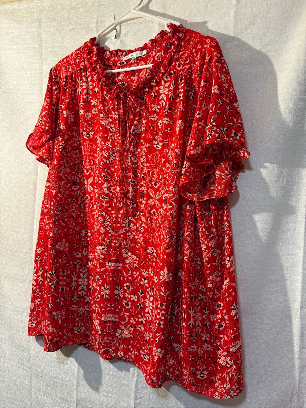 Rose & Olive Red Floral Ruffle Tie-Neck Tunic - Picture 3 of 13